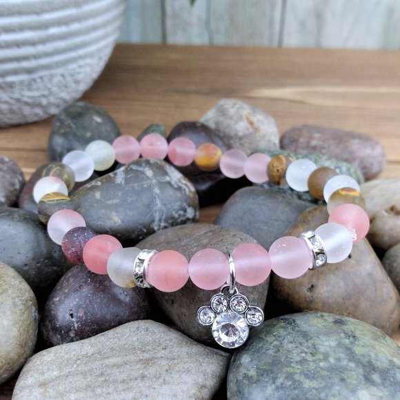 Jewelry - Rhinestone Paw Print Charm and Cherry Quartz Beaded Stretch Bracelet